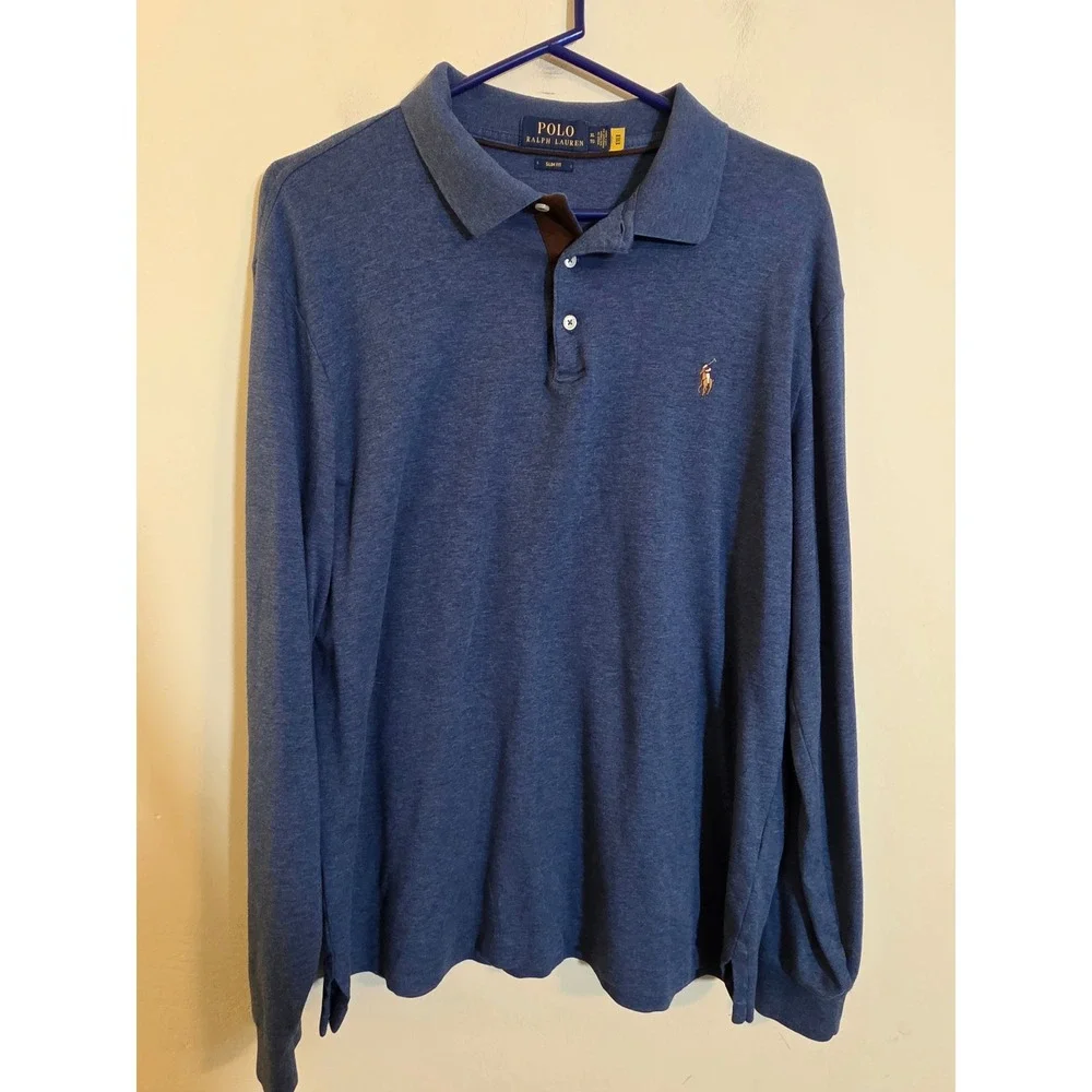 Polo Ralph Lauren Mens XL Slim Fit Long Sleeve Polo Shirt Heather Blue Pony Logo